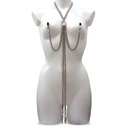 Master Series Collar Nipple & Clit Clamp Set - Metal Chain & Clamps