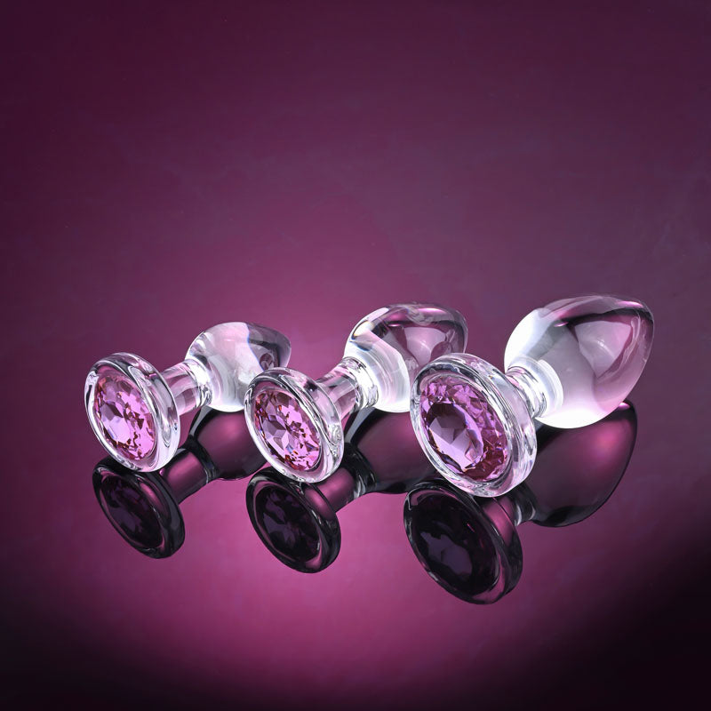 Adam & Eve Pink Gem Glass Butt Plug Set - 3 Sizes