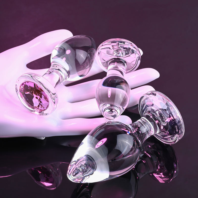 Adam & Eve Pink Gem Glass Butt Plug Set - 3 Sizes