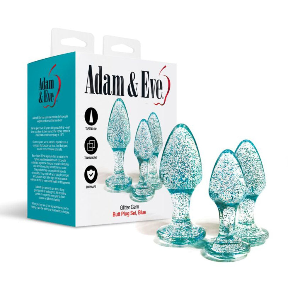 Adam & Eve Glitter Gem 3-Piece Graduating Butt Plug Set (Blue)