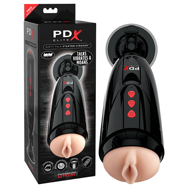 PDX Extreme Toyz Elite Dirty Talk Vibrating Vagina Stroker with Suction Cup & Sound