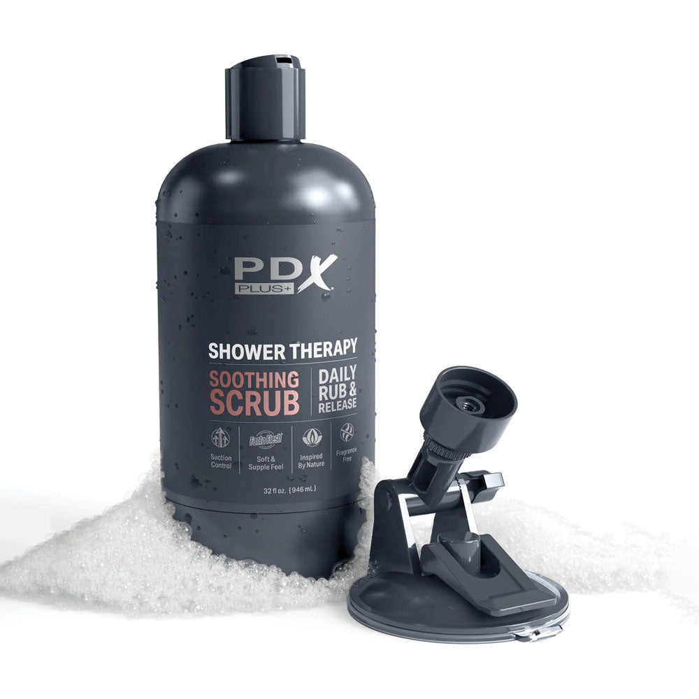 PDX Plus Shower Therapy - Deep Stroker in Discreet Shower Bottle with Suction Cup (Tan)