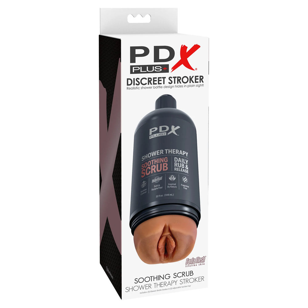 PDX Plus Shower Therapy - Deep Stroker in Discreet Shower Bottle with Suction Cup (Tan)
