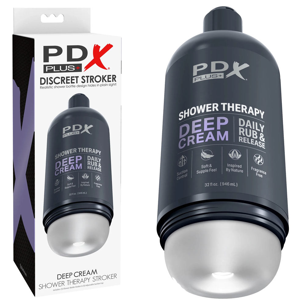 PDX Plus Shower Therapy - Deep Stroker in Discreet Shower Bottle with Suction Cup (Clear)