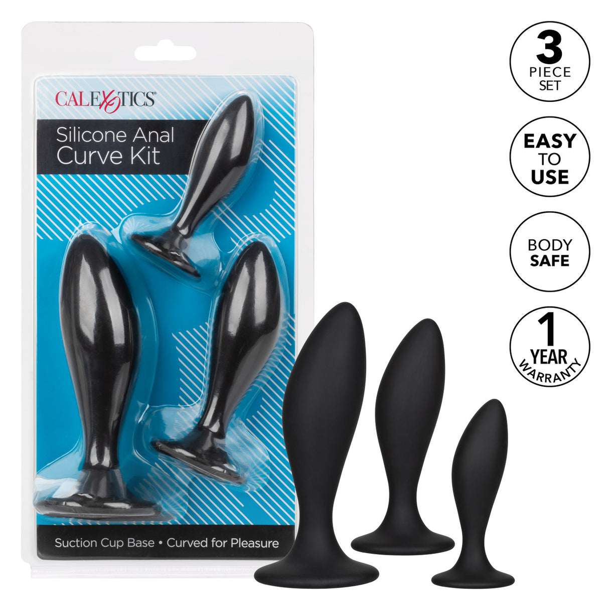 CalExotics Silicone Anal Curve Kit – Graduated Curved Anal Plugs with Suction Base