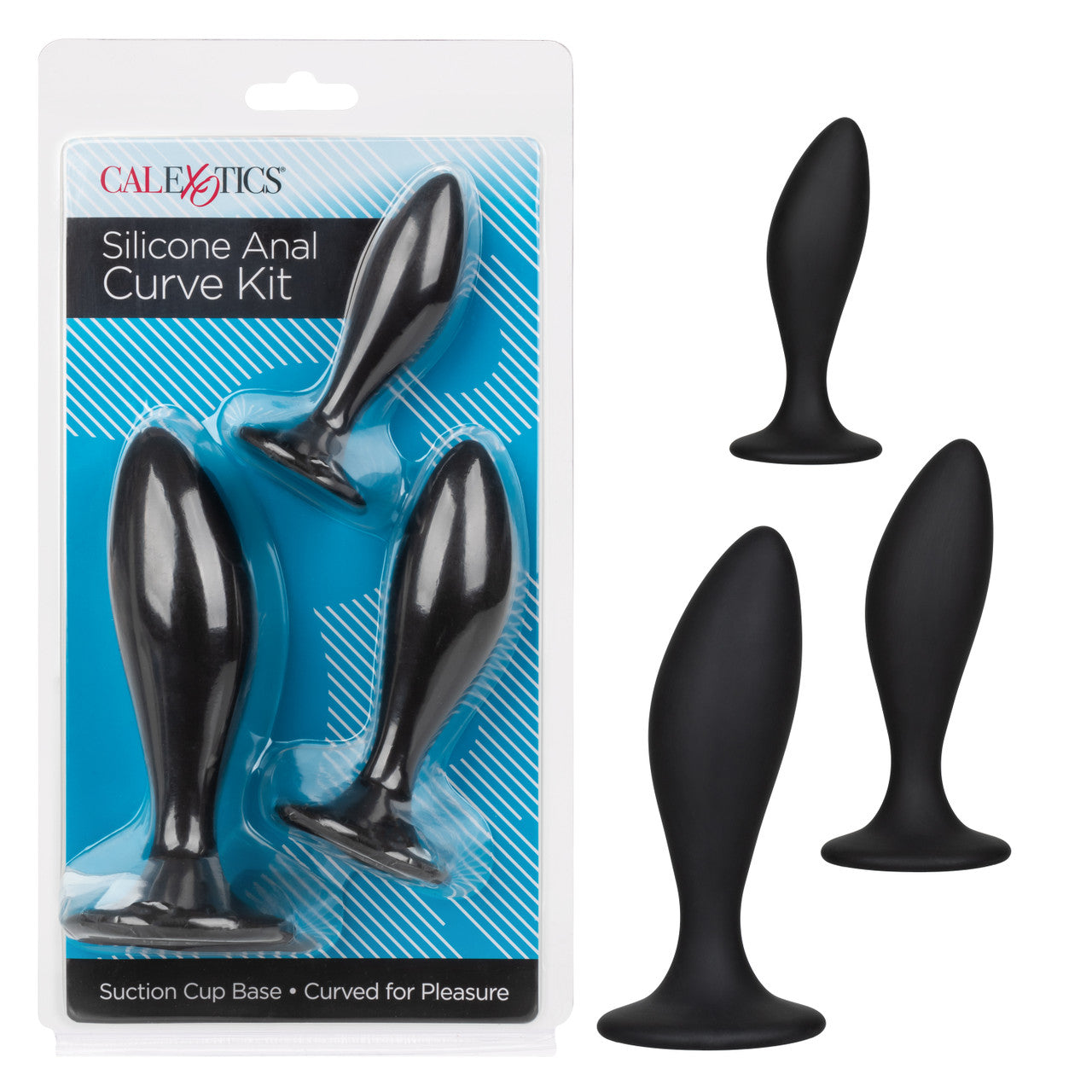 CalExotics Silicone Anal Curve Kit – Graduated Curved Anal Plugs with Suction Base