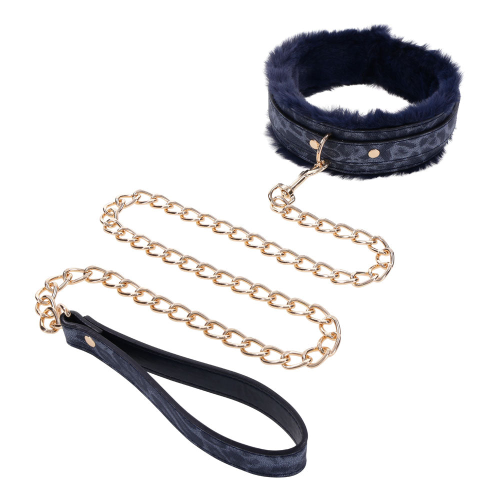 Sex & Mischief Cougar Fur Collar & Leash - Navy Blue & Gold