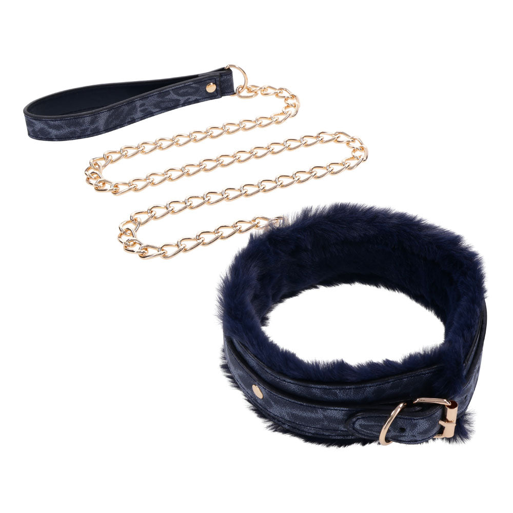 Sex & Mischief Cougar Fur Collar & Leash - Navy Blue & Gold