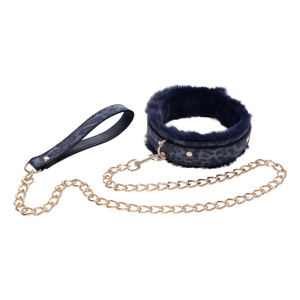 Sex & Mischief Cougar Fur Collar & Leash - Navy Blue & Gold