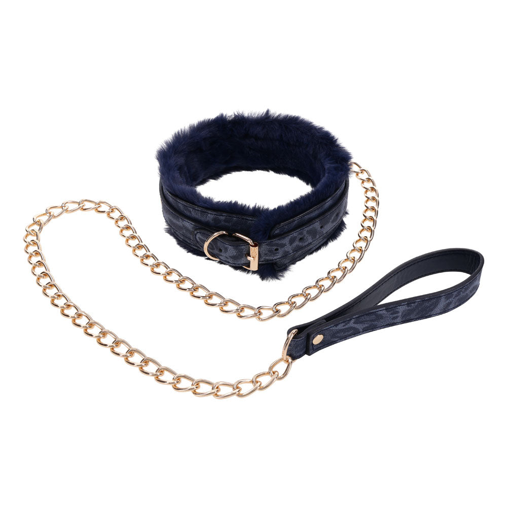 Sex & Mischief Cougar Fur Collar & Leash - Navy Blue & Gold