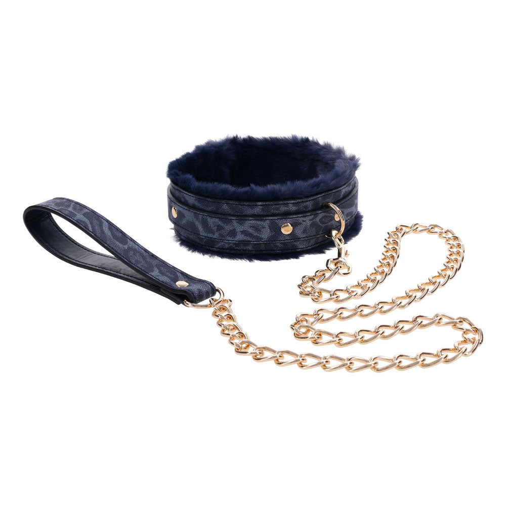 Sex & Mischief Cougar Fur Collar & Leash - Navy Blue & Gold