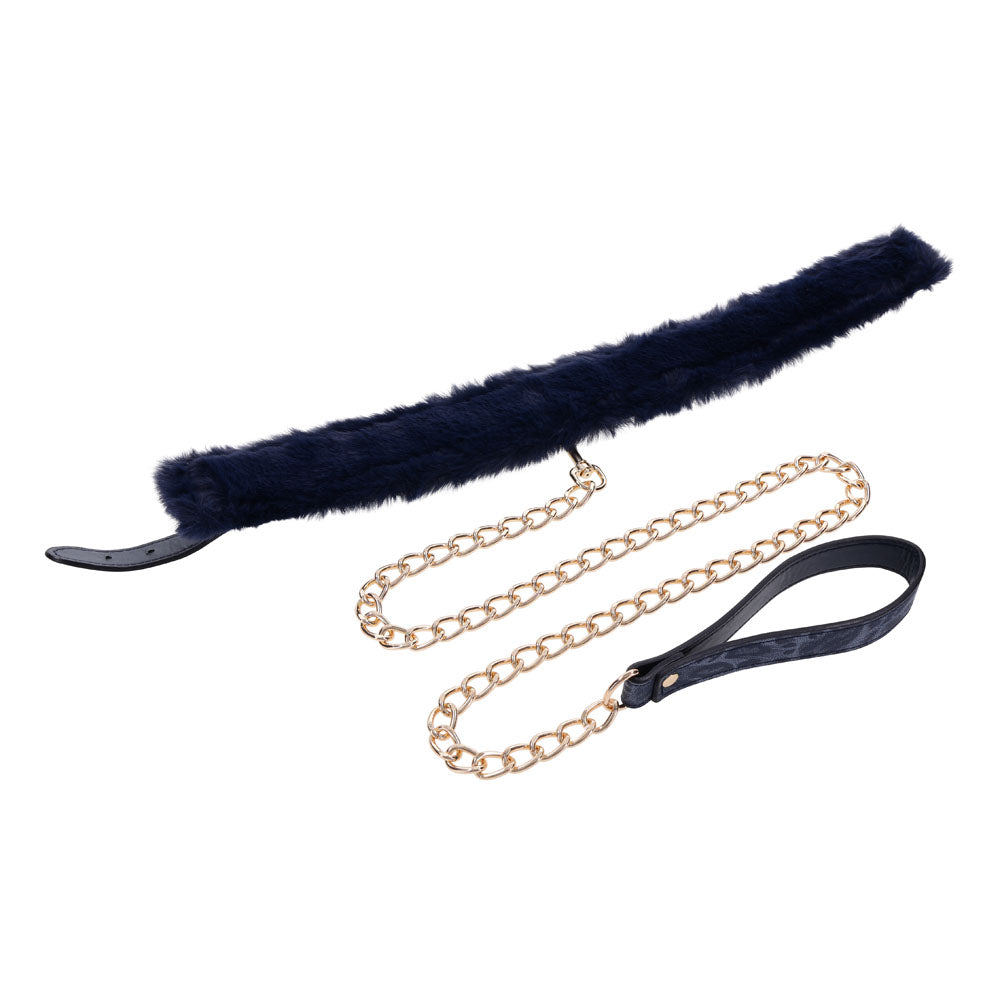 Sex & Mischief Cougar Fur Collar & Leash - Navy Blue & Gold
