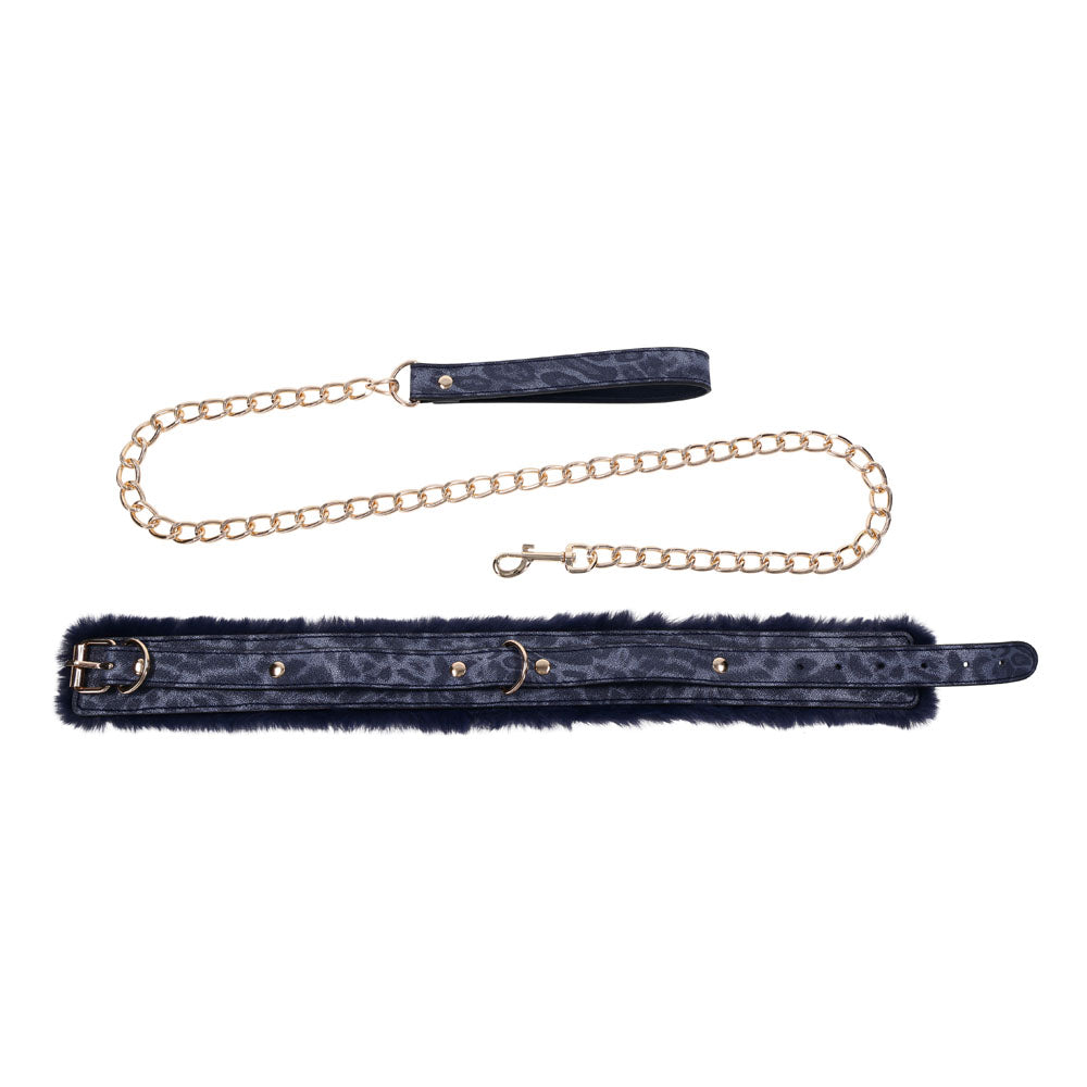 Sex & Mischief Cougar Fur Collar & Leash - Navy Blue & Gold