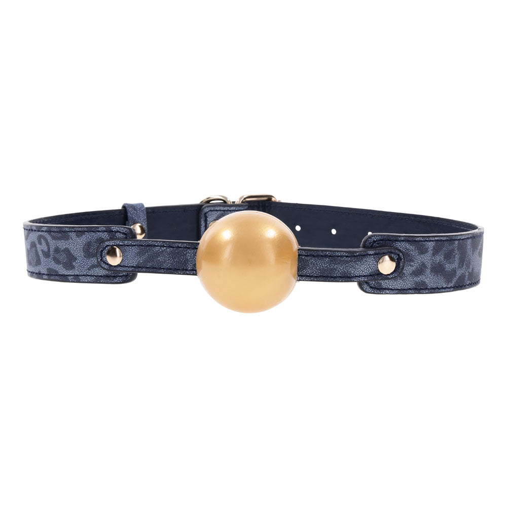 Sex & Mischief Cougar Ball Gag - Elegant Gold & Navy Blue with Soft Rubber Ball