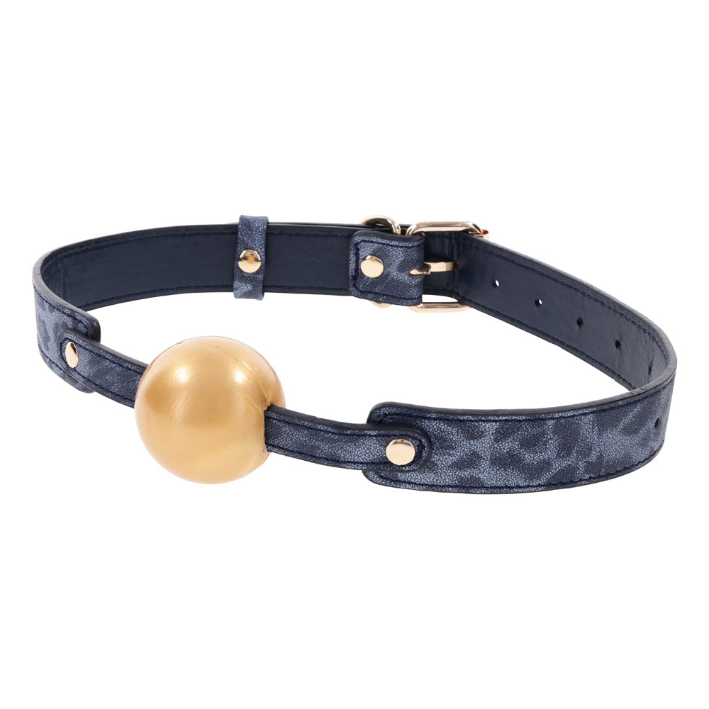 Sex & Mischief Cougar Ball Gag - Elegant Gold & Navy Blue with Soft Rubber Ball