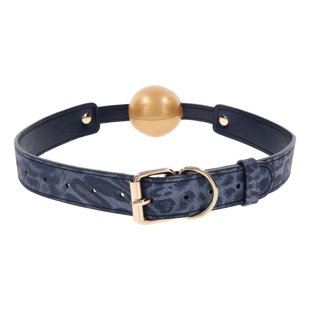 Sex & Mischief Cougar Ball Gag - Elegant Gold & Navy Blue with Soft Rubber Ball