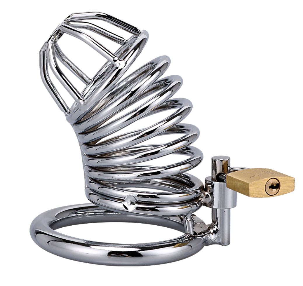 Pleasure Haven Coiled Metal Chastity Cage with 3 Ring Sizes - Waterproof