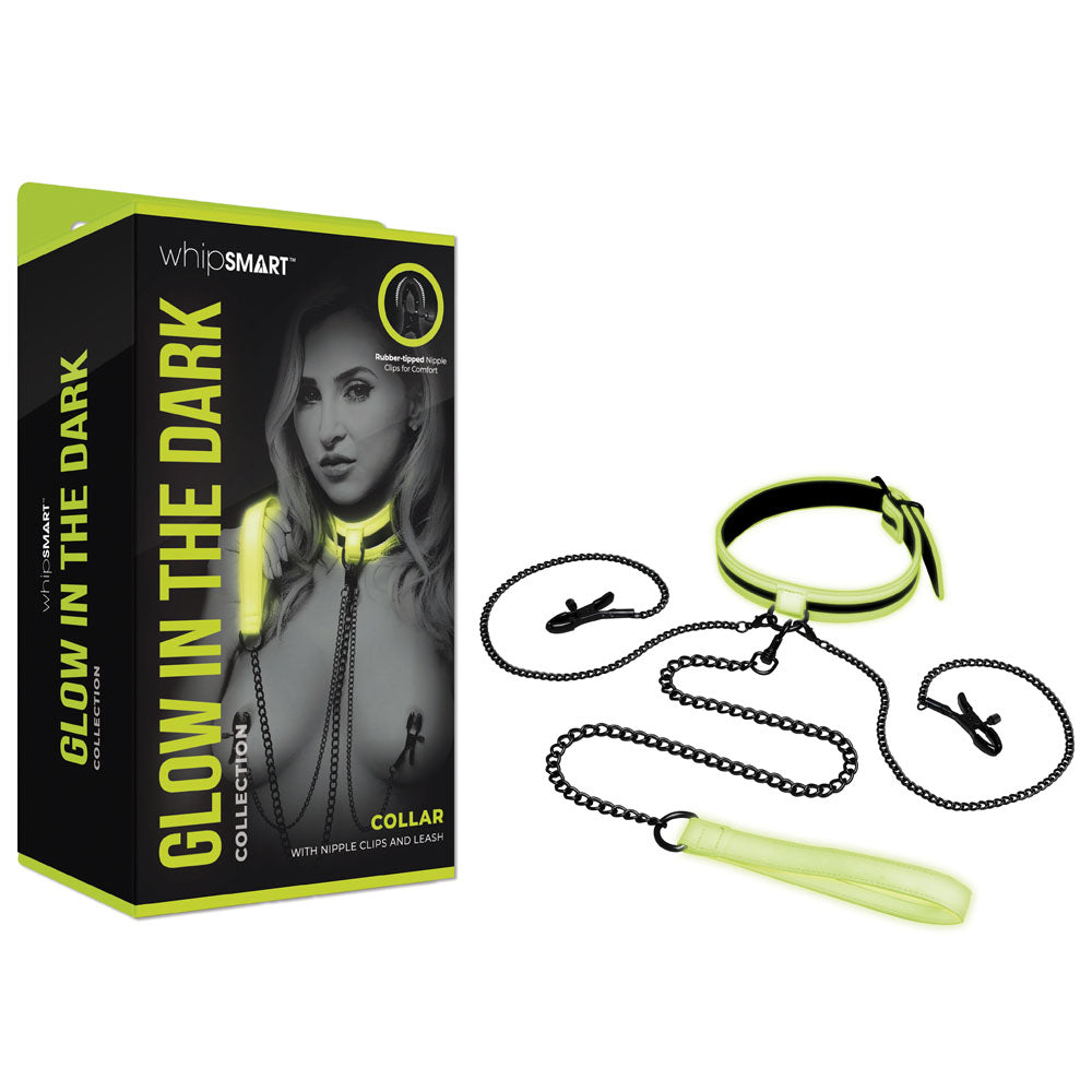 WhipSmart Nipple Clips & Leash - Glow in The Dark with Adjustable Collar