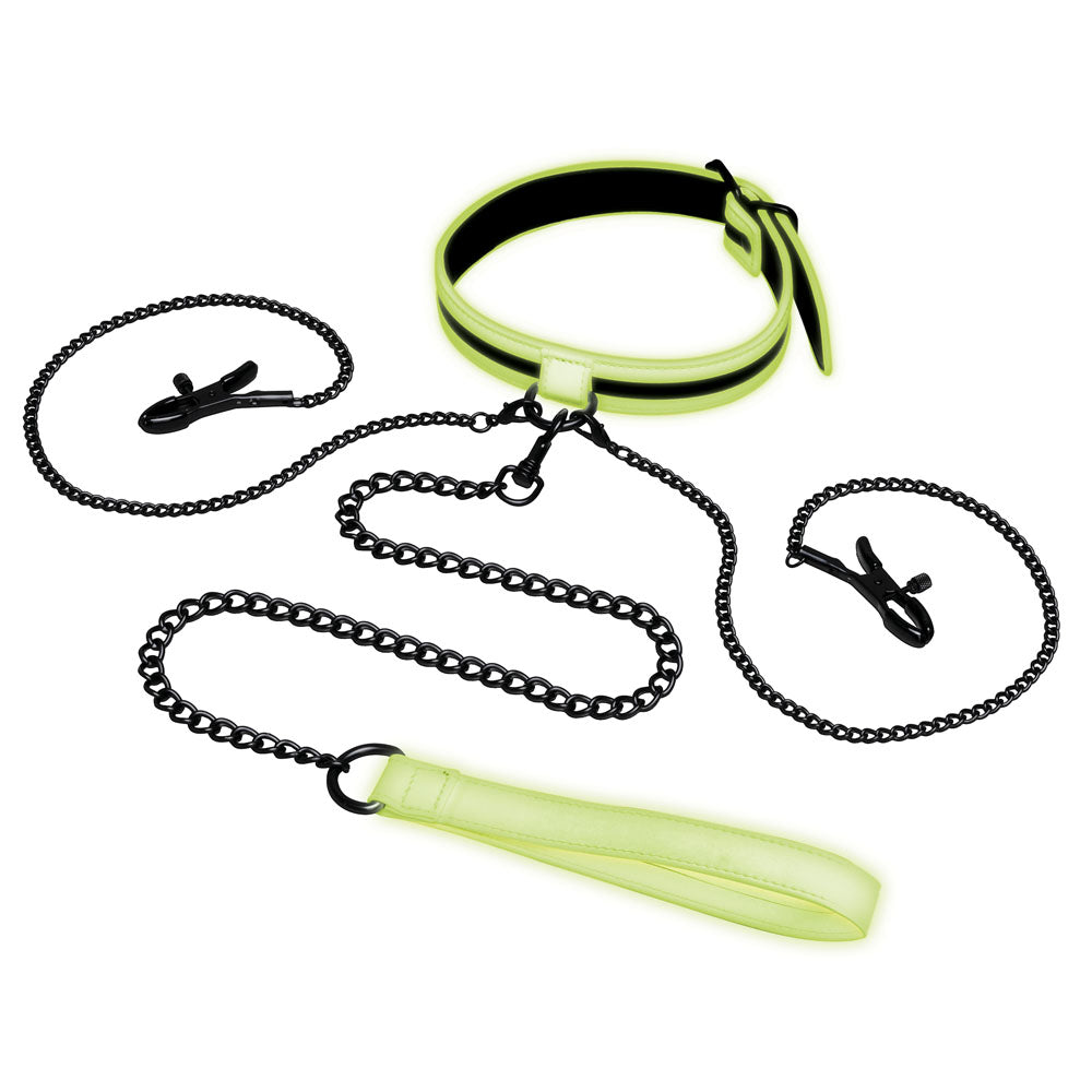 WhipSmart Nipple Clips & Leash - Glow in The Dark with Adjustable Collar